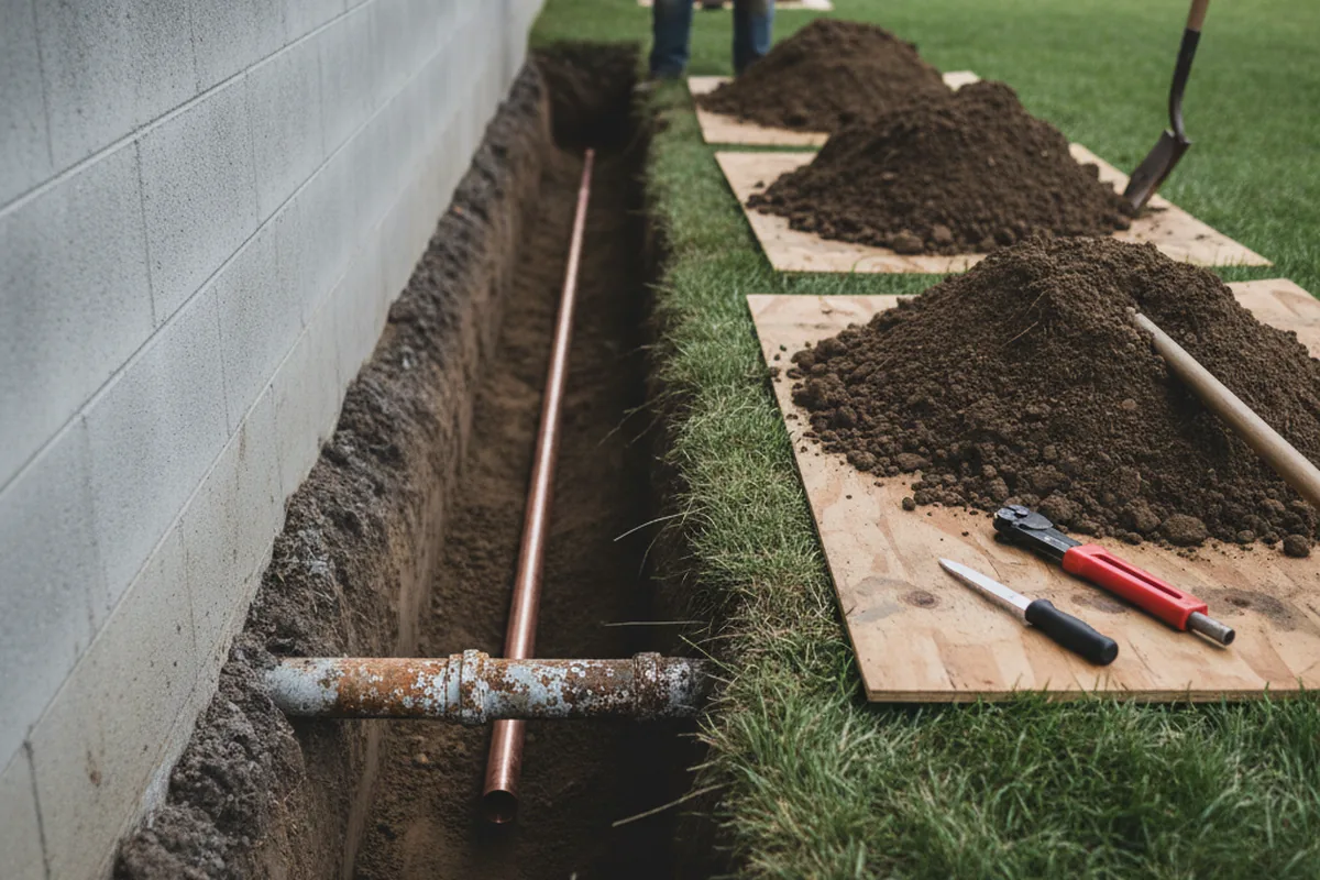 Excavated water line trench during Water Softener Installation in Maxwell